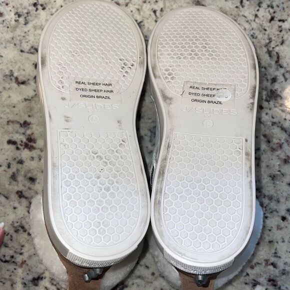 J/Slides Leslie Sheep‎ Hair Trimmed Leather Sneaker Shoes Size 6 Tan White - Picture 9 of 11